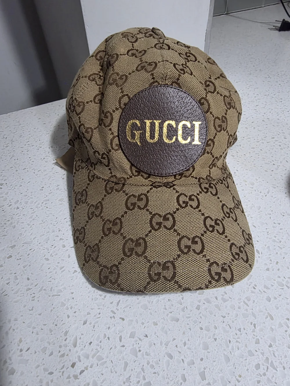 Gucci Tan & Brown GG Canvas Baseball Cap with Gold Logo Patch (Authentic)
